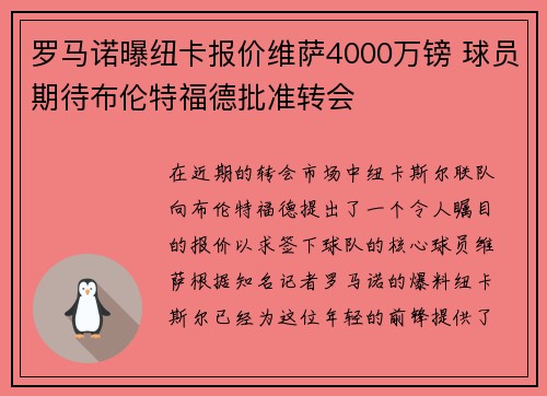 罗马诺曝纽卡报价维萨4000万镑 球员期待布伦特福德批准转会